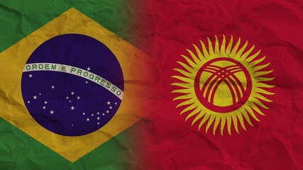 Kyrgyzstan and Brasil Flags Together, Crumpled Paper Effect Background 3D Illustration