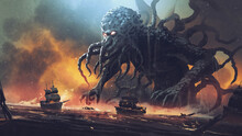 Dark Fantasy Scene Showing Cthulhu The Giant Sea Monster Destroying Ships, Digital Art Style, Illustration Painting