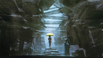 A lonely young girl holding a yellow umbrella standing in an abandoned building on a rainy day, digital art style, illustration painting