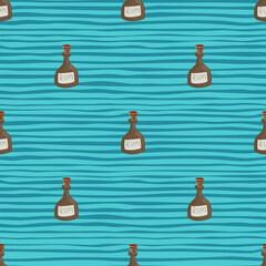 Wall Mural - Flat bar liquid seamless pattern with minimalistic beige rum bottles shapes. Blue striped background.