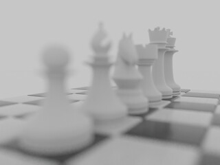 Poster - 3D rendering of white chess pieces on board