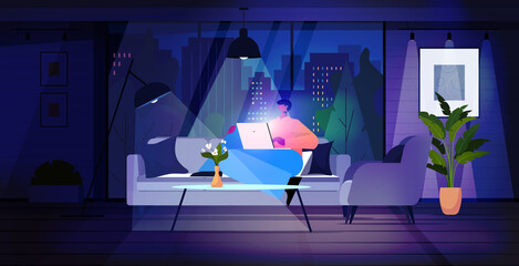 Poster - man using laptop in dark night living room social media network online communication concept