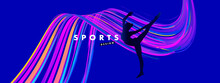 Abstract Poster With Silhouette Of Ice Skating Girl, Or Gymnastics Athlete, Dynamic Striped Wave On The Blue Background