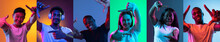 Flyer. Collage Of Portraits Of Young People Showing Frame Gestures Isolated Over Multicolored Backgrounds In Neon Light.