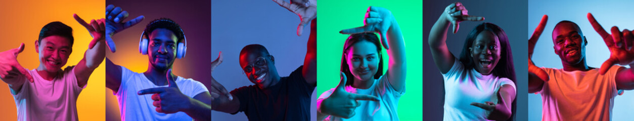 Wall Mural - Flyer. Collage of portraits of young people showing frame gestures isolated over multicolored backgrounds in neon light.