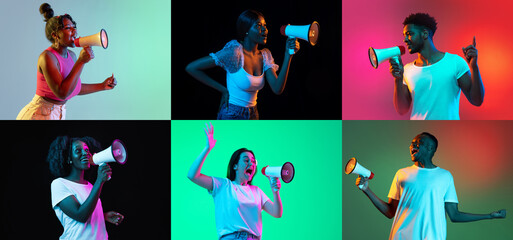 Wall Mural - Collage of portraits of young people with megaphones isolated over multicolored backgrounds in neon light.