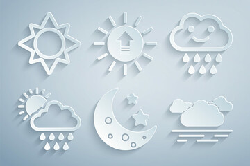 Wall Mural - Set Moon and stars, Cloud with rain, sun, Sunset and icon. Vector