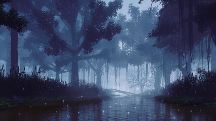 Wall Mural - dreamlike woodland landscape with supernatural fairy firefly lights above calm swampy forest river a