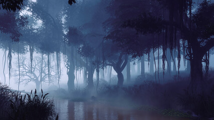 Wall Mural - mysterious woodland landscape with spooky tree silhouettes on overgrown shore of swampy forest river