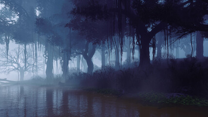 Wall Mural - overgrown swampy forest river with old creepy tree silhouettes on its shore at foggy dusk or night. 