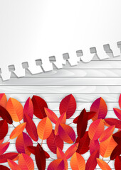 Wall Mural - Fall or autumn flyer or brochure template with red and orange leaves on white board background and a torn out sheet of note pad paper. Vector illustration.