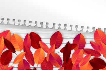 Wall Mural - Fall or autumn vector illustration with red and orange leaves on white board background and a torn out sheet of note pad paper. Vector illustration.
