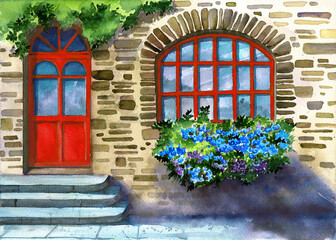 Watercolor illustration of the facade of an ancient colorful house lined with stone, with a large window, a wooden red door and flowers under the window 