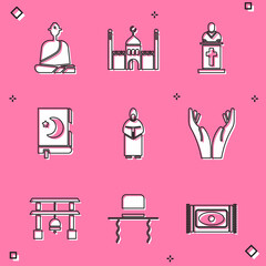 Poster - Set Buddhist monk, Muslim Mosque, Church pastor preaching, Holy book of Koran, Monk, Hands praying position, Japan Gate and Orthodox jewish hat with sidelocks icon. Vector