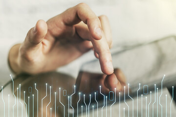 Aufkleber - Double exposure of circuit hologram and finger clicks on a digital tablet on background. Research and development hardware concept