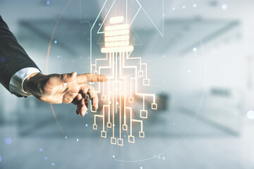 Aufkleber - Double exposure of male hand presses on virtual creative light bulb hologram with chip on blurred office background, idea and brainstorming concept