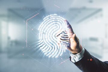 Aufkleber - Multi exposure of male hand presses on virtual creative fingerprint hologram on blurred office background, personal biometric data concept