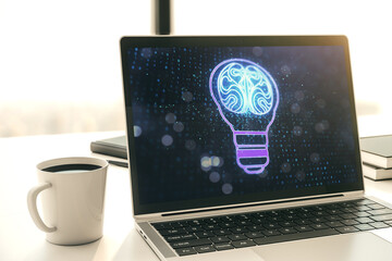 Poster - Creative light bulb illustration with human brain on modern computer monitor, future technology concept. 3D Rendering