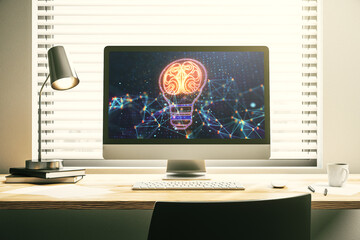 Aufkleber - Creative idea concept with light bulb and human brain illustration on modern laptop screen. Neural networks and machine learning concept. 3D Rendering