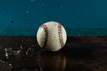 Sticker - Old used baseball in water shows wet ball for game.
