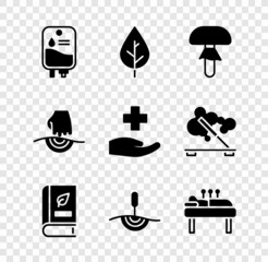 Poster - Set IV bag, Leaf, Mushroom, Medical book, Acupuncture therapy, Massage and Cross hospital medical icon. Vector