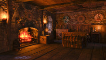 3D Illustration Of An Old Medieval Bedroom With Open Fireplace And Burning Fire.