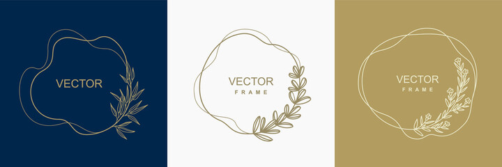 Wall Mural - Set of elegant floral frames. Hand drawn wreaths with branches and leaves. Decorative elements for design. Vector illustration isolated on background