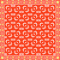 Poster - scarf pattern design on red. Geometric ornament with frame, border. Bandanna, shawl, scarf, tablecloth design for textile fabric print 
