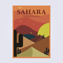 Sahara Desert Landscape Cactus Land Vintage Poster Vector Classic Illustration Design