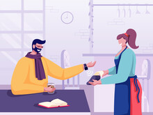 Customer paying the bill in the café using cashless technology. Payment through smartwatches with NFC. Paying contactless, wireless, digital banking. Cartoon vector illustration.