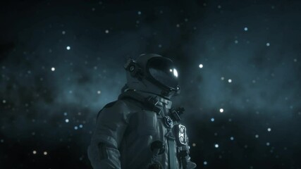 the astronaut on a new unknown snow planet under alien stars. animation for fantasy, futuristic or s