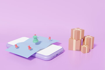 Poster - 3D render. isometric online delivery parcels box concept. smartphone pin pointer mark location and office shipping. maps service express trunking on purple pastel background. illstration