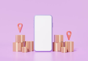 Poster - Parcels box tracking concept. smartphone white screen online delivery pointer mark location on purple background minimal style, banner website. 3d rendering illustration