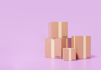 Poster - 3d render parcels box stacks concept. on purple background. packaging minimal cartoon style, banner website. illustration