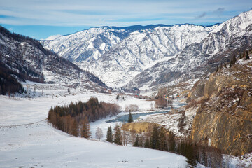 Wall Mural - Katun river in Altai on a sunny winter day. Russia