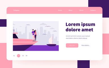  Happy couple standing on edge of yacht. Sea, cityscape, wealth flat vector illustration. Vacation and sailing concept for banner, website design or landing web page