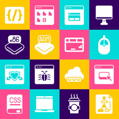 Set Flowchart, Browser files, Computer mouse, Search engine, Processor, with microcircuits CPU, Programming language syntax and Keyboard icon. Vector