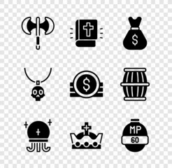 Wall Mural - Set Medieval poleaxe, Holy bible book, Old money bag, Magic ball, King crown, Video game bar, Necklace amulet and Ancient coin icon. Vector