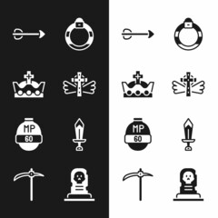 Poster - Set Christian cross, King crown, Arrow, Magic stone ring, Video game bar, Sword for, Grave with tombstone and Pickaxe icon. Vector