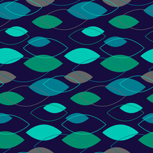 Pattern With Stylized Blue And Green Ovals. Horizontal Pattern With Lines. Bright Print For Use In Textiles, Covers And Prints, Packaging, Leaflets And Flyers, Shops. Vector Illustration On A Blue