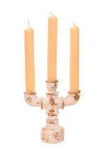 Iron Candlestick With Three Candles In The Loft Style, On A White Background, Isolated