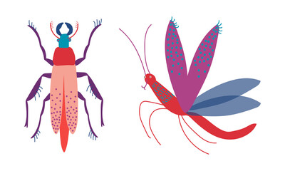 Sticker - Mosquito and Stag Beetle Insects as Hexapod Flying Creature with Jointed Legs and Pair of Antennae Vector Set