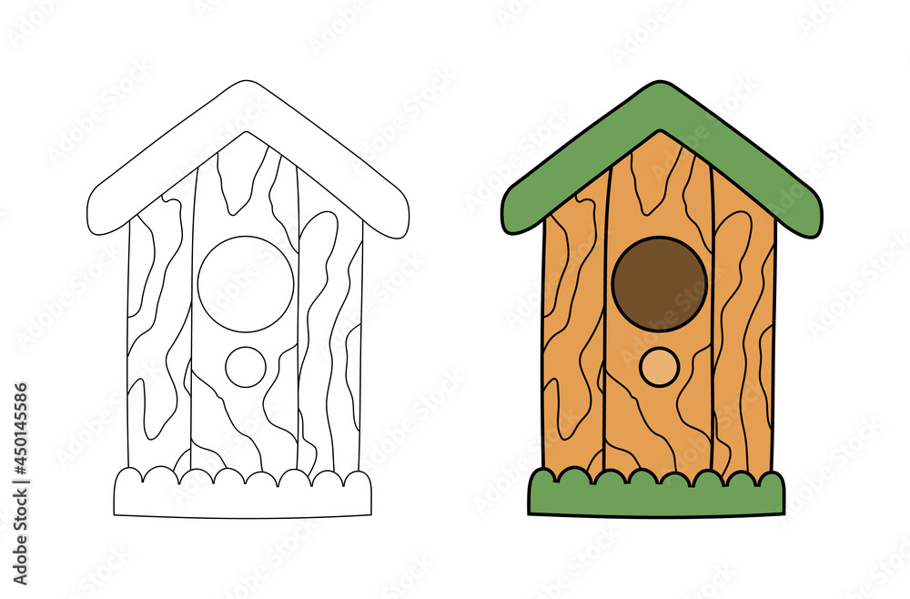 Wooden birdhouse with a hole and a perch in a simple flat graphic ...