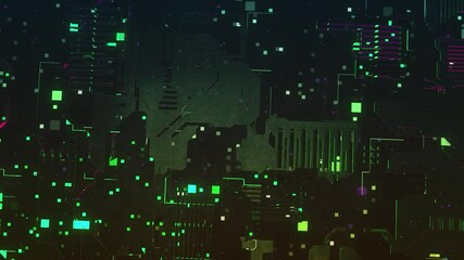 Poster - Abstract dark circuit board with many details and moving elements, seamless loop. Motion. Technological background and the visualization of data processing.