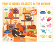© 100% HAND-CRAFTED - Colorful papersheet game find 10 hidden objects in the picture. Hidden items with cute funny colorful cats on educational worksheet for children. Flat cartoon vector character