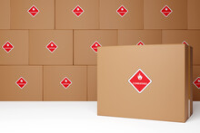 Transportation Of Dangerous Goods And Hazardous Materials. Cardboard Boxes Labeled "Combustable" On A White Background. 3d Rendering