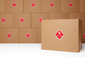 Poster - Transportation of dangerous goods and hazardous materials. Cardboard boxes labeled 