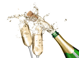 Sticker - Sparkling wine splashing out of bottle and glasses on white background