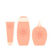 Cosmetic bottles with sunscreen and lotion. Liquid body products before and after tanning isolated on white background. Vector.