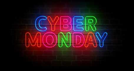 Wall Mural - Cyber Monday neon symbol on brick wall. Sale and discount promotion retail light color bulbs. Loopable and seamless abstract concept animation.